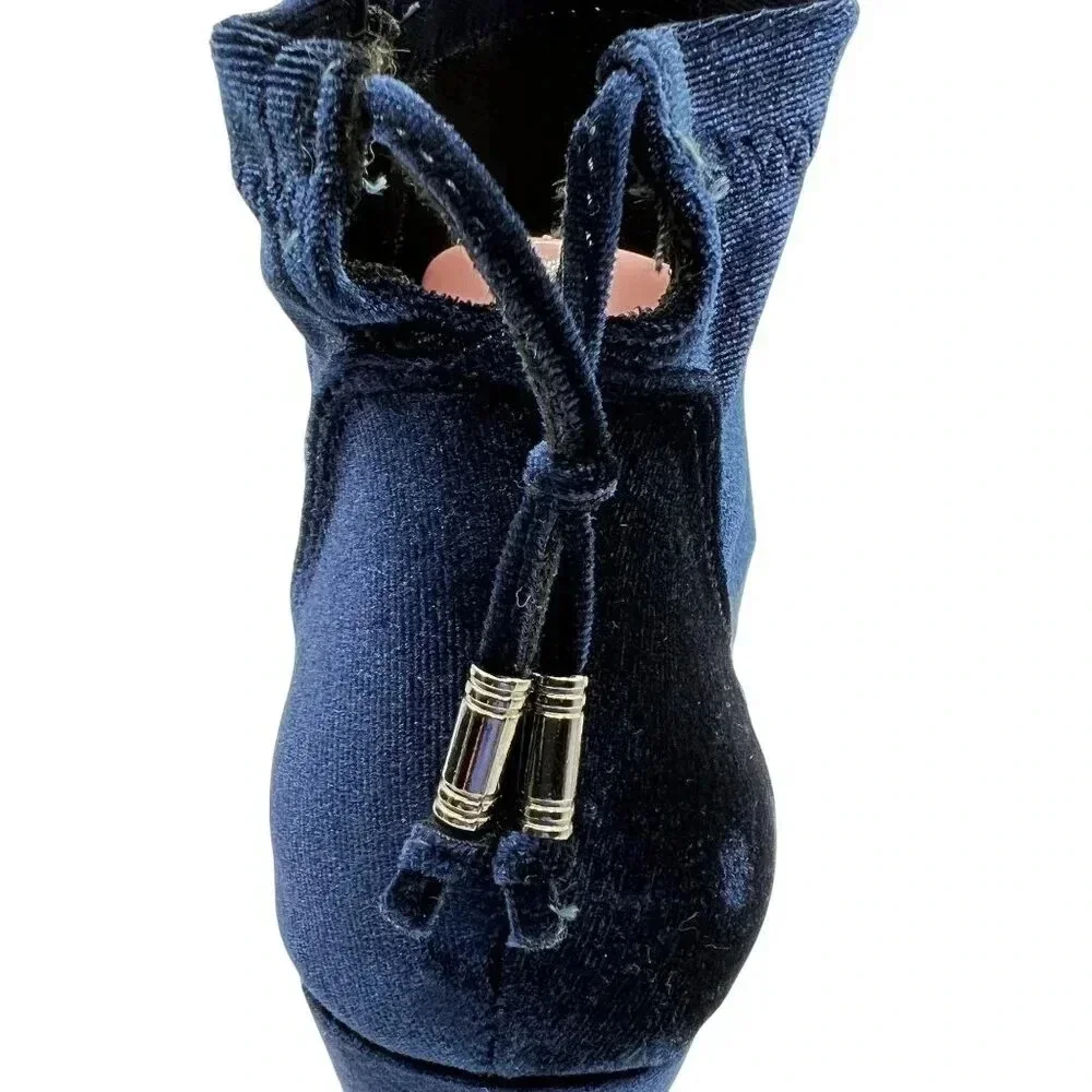 NEW Blue Velvet Ankle Booties Women 10M Zip Closure Block Heel Boots Elvis Shoes